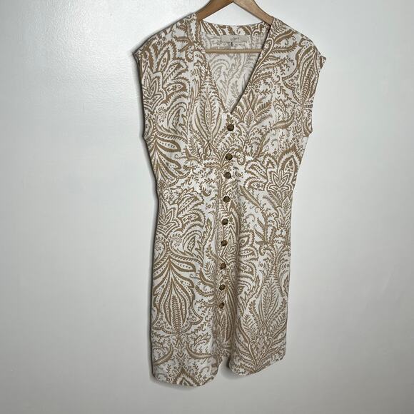 Loft Women Short Sleeve Linen Blend Button Front Dress 6 Tan Cream Floral V Neck - Picture 4 of 11